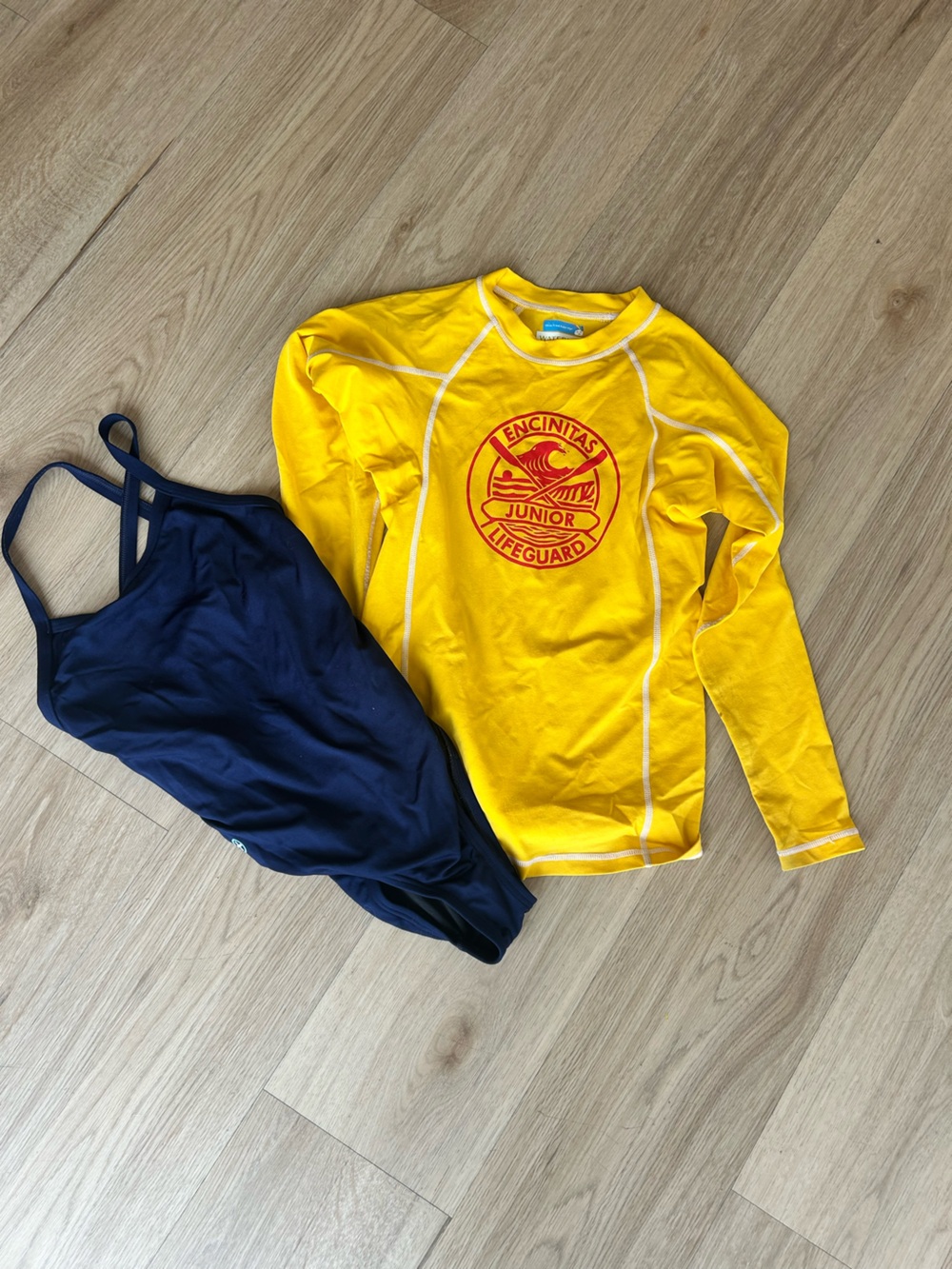 Yellow Encinitas Jr Lifeguard-Style Rash Guard with Navy One-Piece Swim, YM